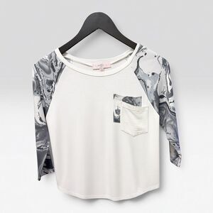 Moa Moa Girls Medium Marble Raglan 3/4 Sleeve Top White Black NWT